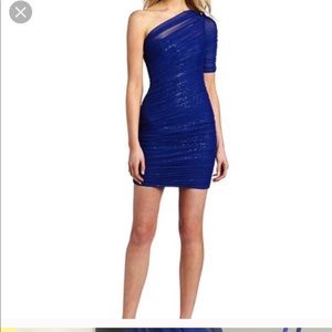 Bcbgmaxazria blue one shoulder dress 0 sequin
